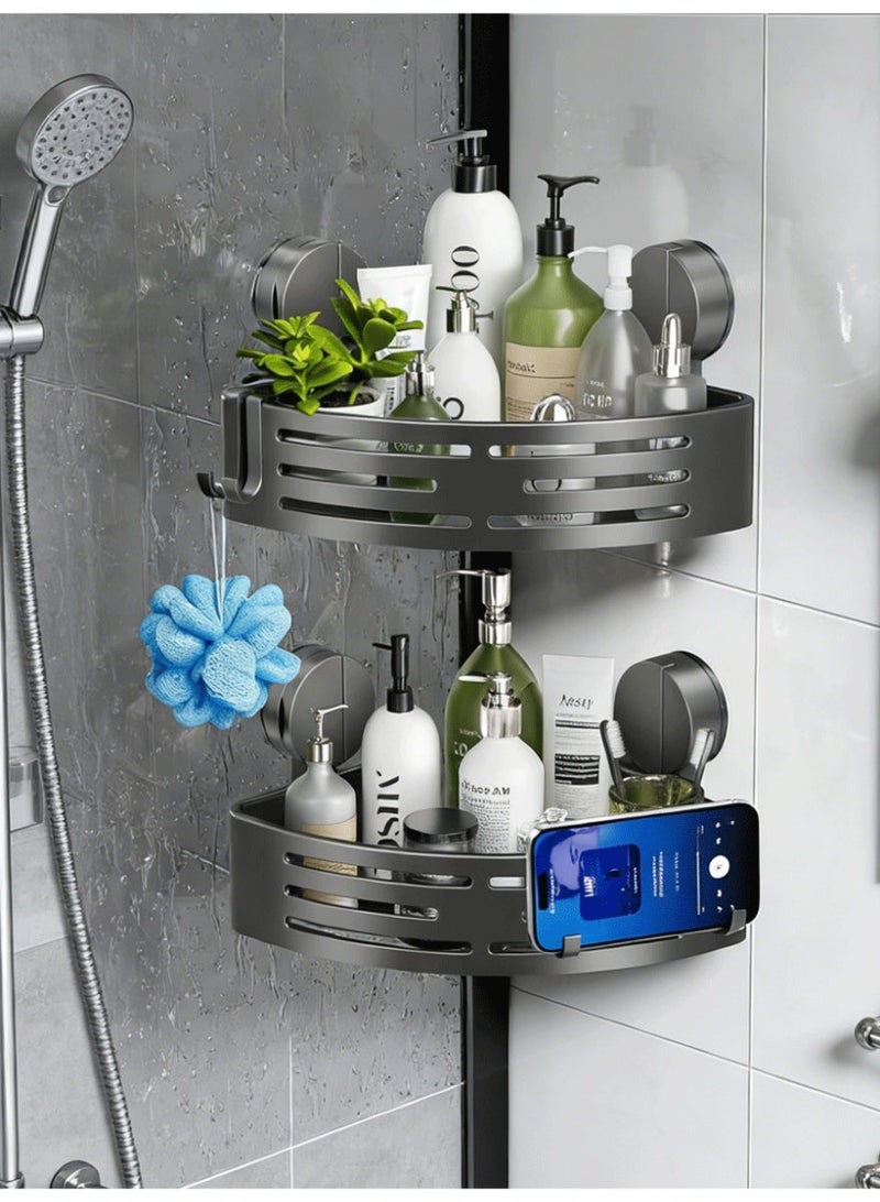 طقم رف دش مكون من قطعتين مزود بقاعدة شفط رف تخزين للحمام لا يحتاج إلى ثقب رف دش زاوية رمادي - Image 1